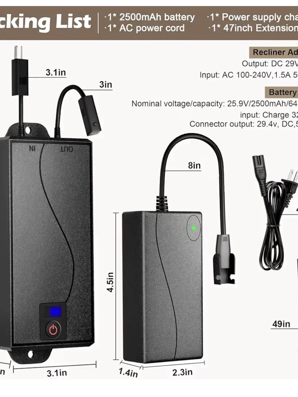 Battery Pack for Reclining Furniture w/ charger, 2500 mAh Universal-Wireless